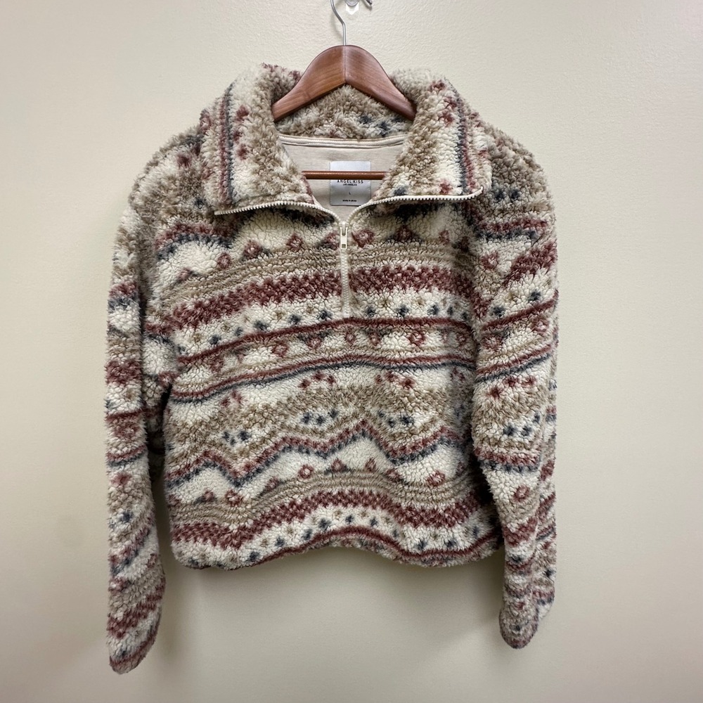 Angel Kiss Sherpa Fleece Pullover Womens Large Southwestern Aztec 1/4 Zip Brown